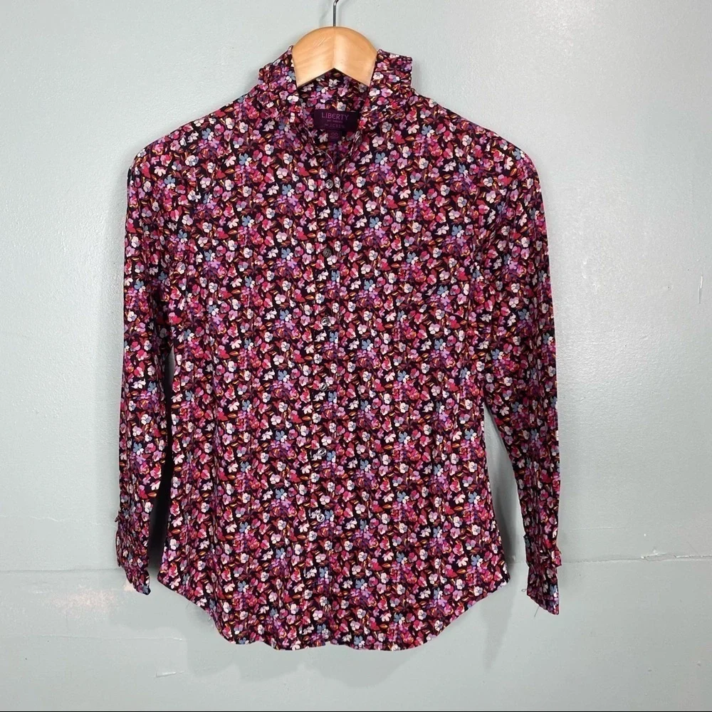 J‎ Crew Liberty Of London Sz 00 Ruffle Collar Shirt Tie Neck Red Pink Floral